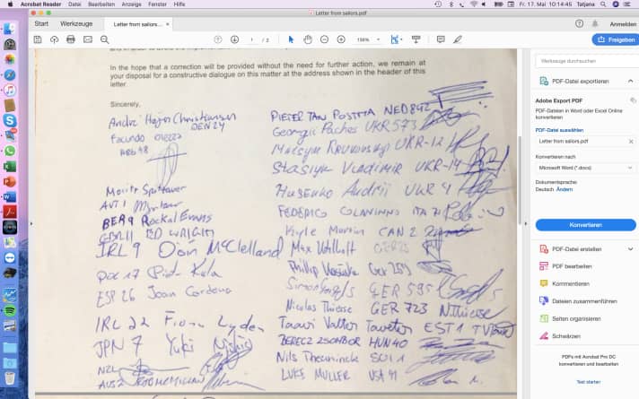  Les signatures s'étendent sur plusieurs pages, que nous ne reproduisons pas toutes ici. Les navigateurs allemands du Finn ont également signé, comme on peut le voir sur cette page.