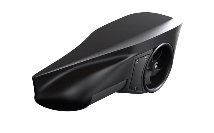   Le carénage de la série SX, appelé Hydropod, est aérodynamique et s'adapte facilement au contour de la coque en haut