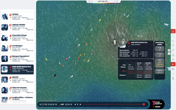   Rottura della vela vicino al centro della tempesta "Theta" su "DMG Mori Global One". A destra Isabelle Joschke su "MACSF", che nel frattempo è passato di lì
