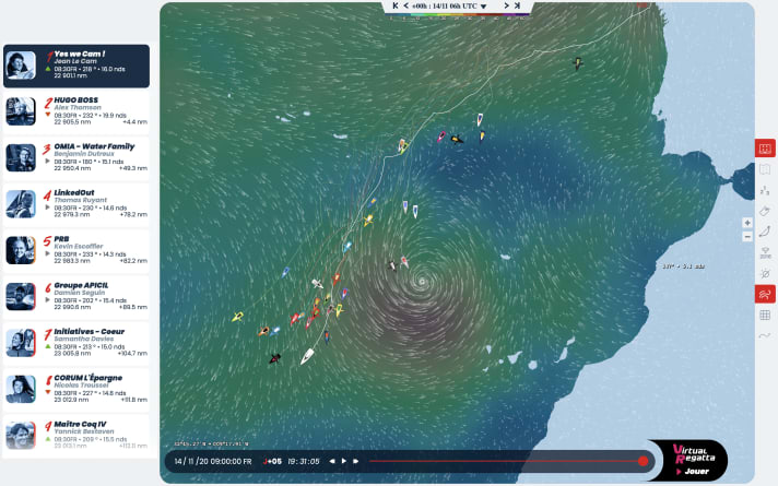   Die Zwischenstände am sechsten Tag auf See (14. November, morgens). Die beiden Skipper, die sich da aktuell optisch auf Kurs Sturmauge zu bewegen scheinen, sind Isabelle Joschke ("MACSF") und Kojiro Shiraishi ("DMG Mori Global One")