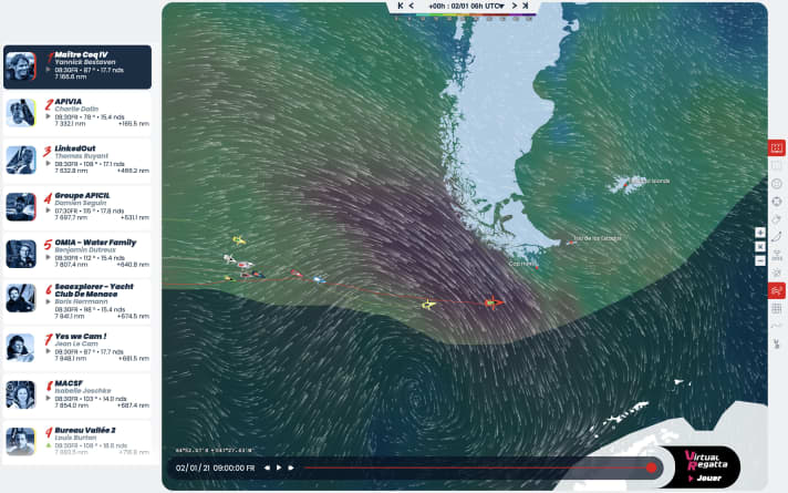   Le posizioni al termine del 55° giorno di navigazione, la mattina del 2 gennaio. È difficile non notare che le due barche di testa sono esposte a una violenta tempesta di Capo Horn.