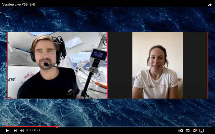   Sprachen in der TV-Sendung der Vendée Globe live miteinander: Boris Herrmann und 49erFX-Europameisterin Susann "Sanni" Beucke vom German Sailing Team, die auch mit Herrmann schon auf seiner Imoca-Yacht segelte