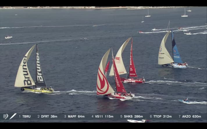   Die Dongfeng-Attacke, Teil 3: "Brunel" kann sich befreien und am schnellsten beschleunigen. Skipper Bouwe Bekking hilft das aber nicht, denn er kassiert wie "Mapfre" einen Penalty. Lachender Dritter ist Angreifer "Dongfeng", dessen Angriffs-Taktik sich für das französisch geprägte Team unter chinesischer Flagge in idealer Weise ausgezahlt hat 