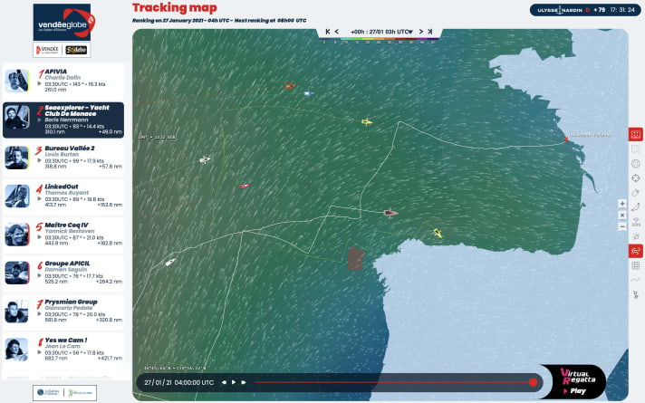   The positions on 27 January at 4am. The "split" in the leading group is clearly visible: Dalin and Herrmann at Cape Finisterre and the chasers in the north