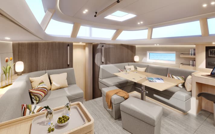   Lumineux grâce aux grandes baies vitrées de la superstructure du pont : le salon du Contest 49 CS
