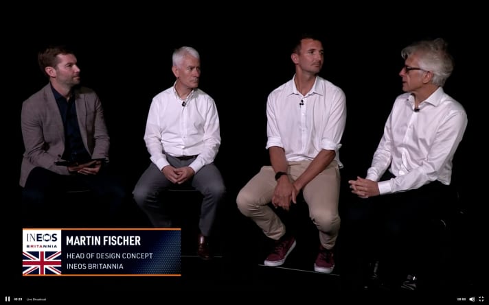   Martin Fischer in a round table discussion with Finn Olympic sailor and Ainslie companion Giles Scott (2nd from right) as well as Ineos Britannia's new technical director Geoffrey Willis and the moderator