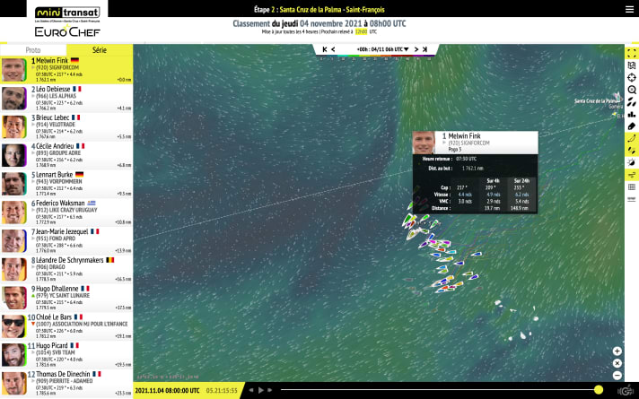   This screenshot shows Melwin Fink's rather northerly position in the wide-ranging fleet. Like the others in the leading group, the 19-year-old "SignForCom" skipper also tried to avoid the flat zone around the ideal course line on Thursday