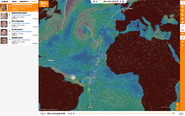   Overview of the positions of the four fleets in the Transat Jacques Vabre on the afternoon of 20 November. As they approached their destination, the Ocean Fifties were not far away from the larger Ultime trimarans, which are expected to reach Martinique on Tuesday evening after a longer course according to current calculations