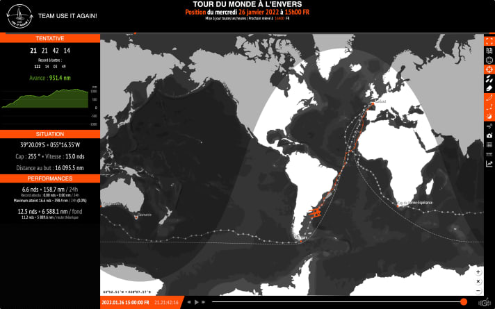   The route and the current position of "Use it again" from 26 January at 3 pm German time