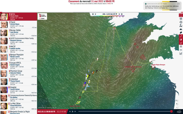   Auf dem Screenshot vom Tracking gut zu sehen: Charlie Dalins "Apivia" ist schon auf die Zielgerade nach Brest eingebogen, die Verfolger streben noch der letzten großen Bahnmarke entgegen