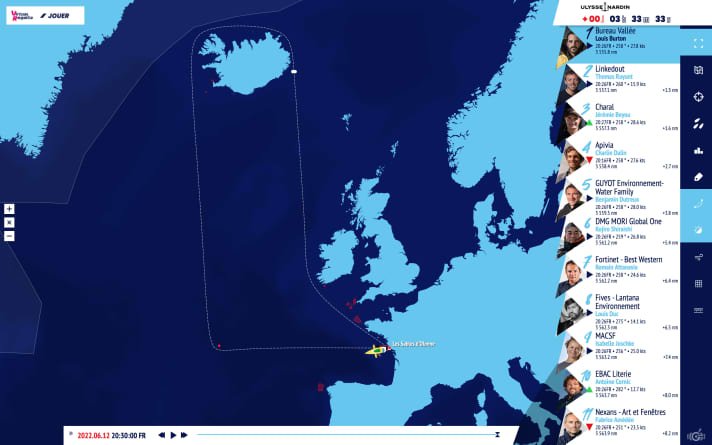   Sur cet instantané du tracker, on voit bien le parcours des Sables-d'Olonne autour de l'Islande et retour.