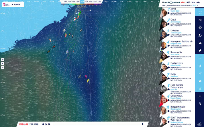   La situation météo prévue sur le parcours de la Vendée Artctique pour dimanche matin (19 juin), 5 heures : les vents plutôt calmes vont solliciter les navigateurs de manière très différente, mais aussi leur permettre de se reposer, du moins en partie.