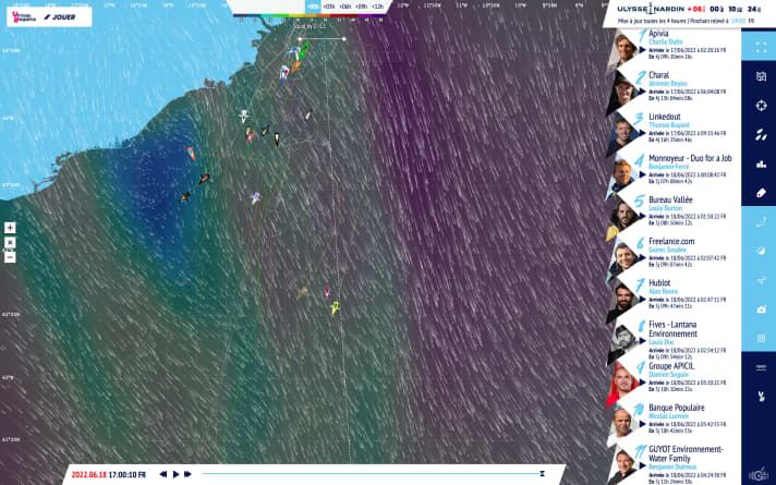   Il confronto di queste due istantanee (qui e sotto) mostra la flotta sparsa e la situazione del Nord Atlantico nel tardo pomeriggio di sabato (18 giugno) e le previsioni per le prime ore di domani (19 giugno). Come si può notare, il sistema di bassa pressione si sposterà rapidamente nelle prossime dodici ore. La linea di arrivo immaginaria della regata ridotta è visibile nella parte superiore dell'immagine.
