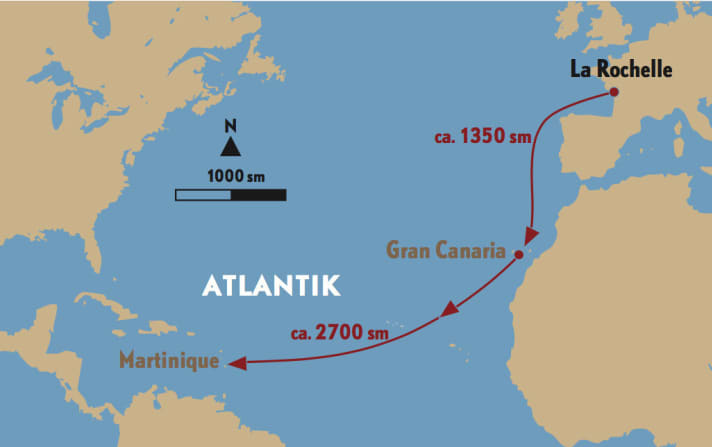   L'ultima rotta navigata (tabella) non cambierà molto. Les Sables d'Olonne rimane il porto di partenza sulla costa del Golfo di Biscaglia. La destinazione della seconda tappa attraverso l'Atlantico è la Guadalupa, un po' più a nord della Martinica.