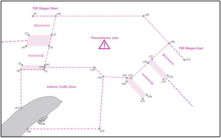   I nuovi schemi di separazione del traffico "Skagen West" e "Skagen East". L'area di cautela intermedia può essere attraversata