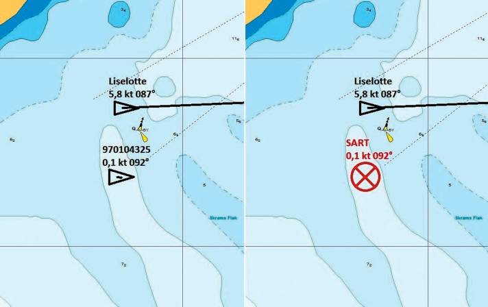 A gauche, le signal MOB comme représentation du bateau, à droite, correctement comme émetteur SARET