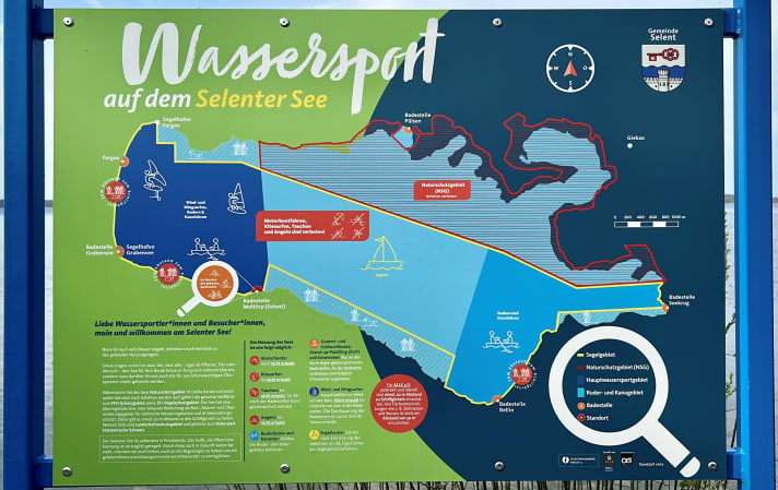 A sign on site clearly communicates where surfing is permitted on the lake. Unfortunately, not all water sports enthusiasts adhere to this