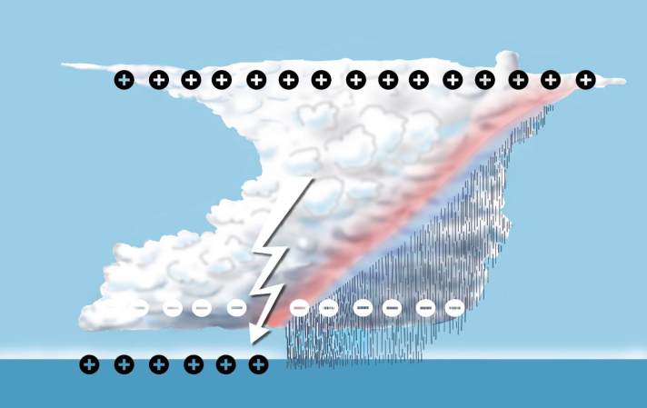 Die negative Ladung  an der Wolkenunterseite nimmtzu, oben und an der Erdoberfläche hingegen besteht positive Ladung. Der Ladungsausgleich führt zu Blitz und Donner