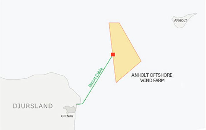   Die Lage des im Bau befindlichen Windparks zwischen Grenå und Anholt