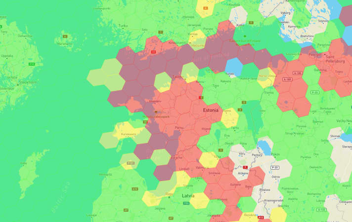 Eine aktuelle Karte der Gebiete mit GPS-Störungen vom 2. Mai. Zur Orientierung: Stockholm am linken Bildrand, St. Petersburg auf der rechten Seite.