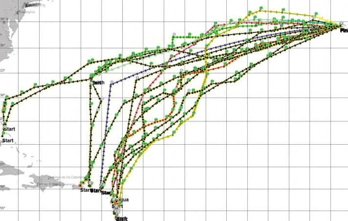   Beaucoup de choses se passent dans l'Atlantique Nord ! Le graphique montre des routages météorologiques dynamiques pour des équipages qui sont rentrés des Caraïbes en Europe au printemps.