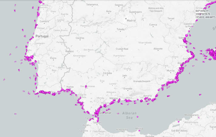 Der Ausschnitt aus marinetraffic.com zeigt, dass sich die allermeisten Freizeitboote dicht an der Küste bewegen