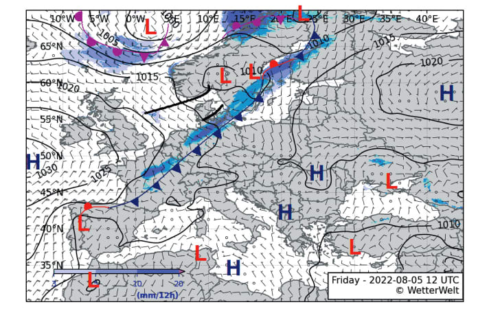 Typical weather map with isobars and wind arrows showing the distribution of high and low pressure areas and the associated warm and cold fronts over Europe. Also shown in black: Trough lines