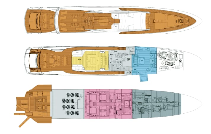 Eine klassische Aufteilung: Salon, Galley und Eignersuite teilen sich das Hauptdeck, die acht Gäste und die Crew schlafen auf dem Unterdeck | Abbildung: Overmarine