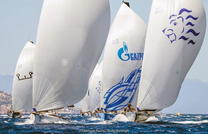   Beautiful scene of the ClubSwan 50 swans off Sardinia