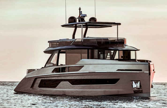 The 18.54 metre long GRP displacer from Bergamo surprises with its robust look and unusual interior layout