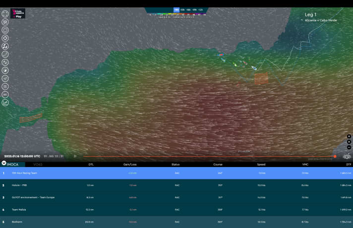 The interim results after the first 24 hours of leg one of the Ocean Race: 11th Hour Racing leads the field just ahead of Holcim - PRB