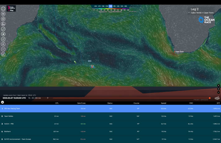 Here we have fast-forwarded the tracker forecast. The image shows the expected conditions for Friday midday (10 February). You can clearly see how the doldrums could spread around Cape Town. The Imocas will have to pass through for the finish ...