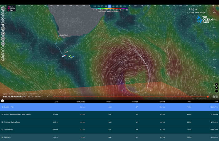 La situazione meteorologica dovrebbe essere simile il 1° marzo. La depressione temporalesca si muove lungo la linea di ghiaccio stabilita dagli organizzatori della Ocean Race. Gli equipaggi evitano lo scenario previsto dirigendosi verso nord.