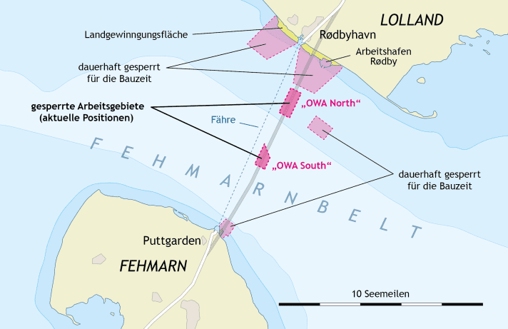 Ubicazione attuale delle aree soggette a restrizione nel Fehmarnbelt (da aprile 2024)