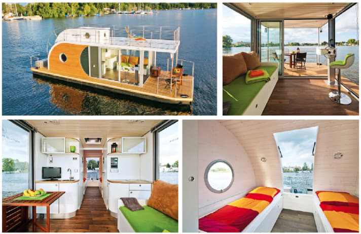 Große Fensterflächen, freundliches und lichtdurchflutetes Interieur – Nautilus-Hausboote wie hier der "Wasserfloh 1" aus der Baureihe Nautino maxi bieten das Flair eines Lofts auf dem Wasser. Doch bei allem Design kommt auch der praktische Nutzwert nicht zu kurz. | z.