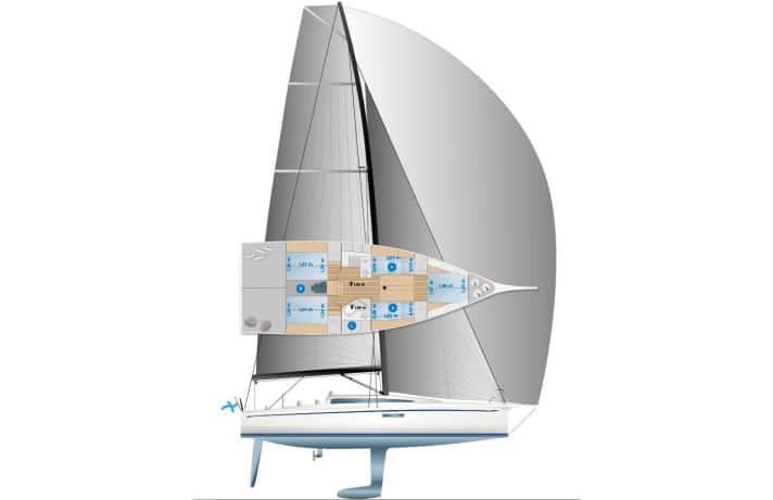 Three double cabins, but only one wet room. In contrast to the exterior, the interior is kept conventional. The foredeck is not partitioned off as standard, but a bulkhead would be feasible. There is only one toilet room, whereas the boats of the competition usually offer two wet rooms. A fresh water, B diesel, C faeces.