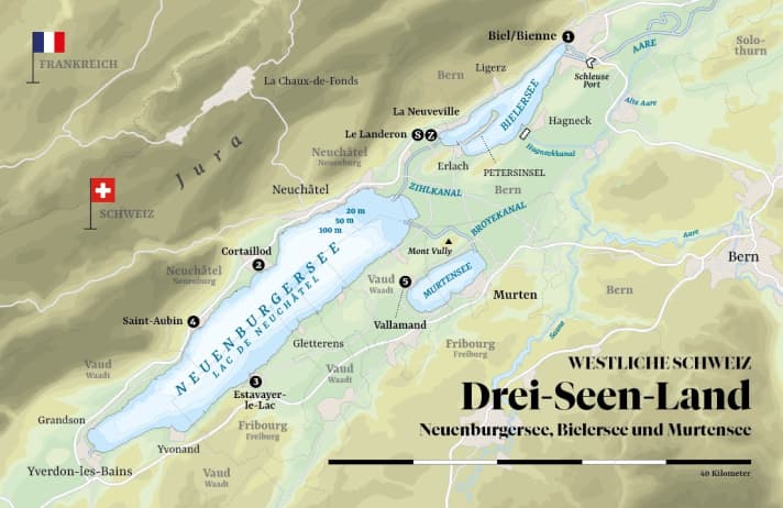 The stages: Le Landeron > Biel/Bienne: 15 km; Biel/Bienne > Cortaillod: 37 km; Cortaillod > Estavayer-le-Lac: 10 km
Estavayer-le-Lac > Saint-Aubin: 7 km; Saint-Aubin > Vallamand: 39 km; Vallamand > Le Landeron: 26 km. Total distance: 134 km