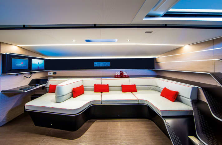 Social stations: Mark Mills placed the saloon between the steering column and the engine. A TV on the starboard side provides entertainment