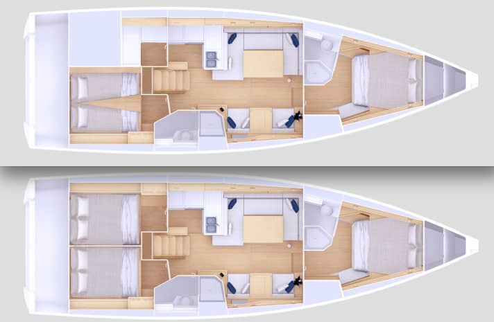 Grand Soleil 42 LC: configuration variants with two or three double cabins are possible, plus two very spacious bathrooms with shower compartment