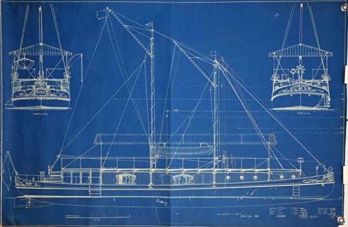   Blaupause der Konstruktion eines Hausbootes aus dem Hahr 1906