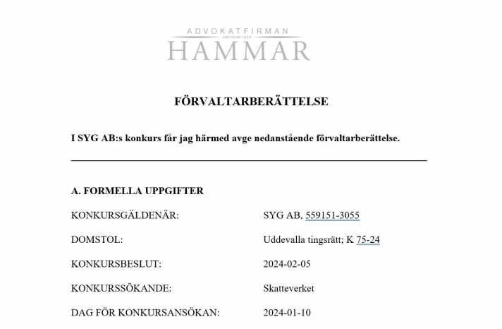 Le rapport de l'administratrice judiciaire, Paula Save, sur la faillite de Sweden Yachts Group AB. Il a été publié vendredi 4 octobre - après huit mois d'examen et deux reports, car le chef du chantier naval Mattias Rutgersson était redevable de certaines parties de la comptabilité - jusqu'à la fin