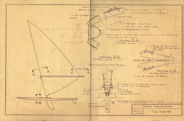 This design drawing by Jim Drake from 1967 formed the basis for the granting of the patent for the windsurfer
for the windsurfer - at that time still with the working name "The Skate".