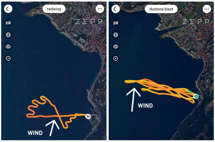 Scores are awarded in direct comparison, but we also track many sessions. On foils (left), significantly better angles are easily possible when going upwind, while you have to push more often on the fin.