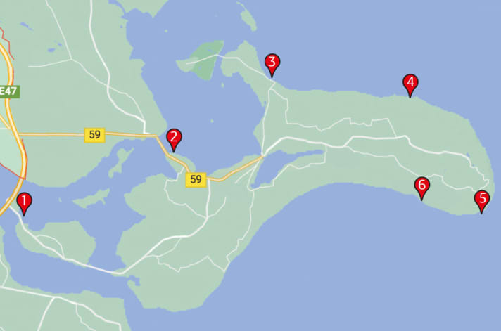 1. Farø, 2. Moenbroen, 3. Ulvshale,  4. Alebaek, 5. Møn Fyr/Møns Klint, 6. Klintholm Havn