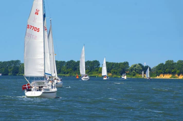   Yachts sail like a string of pearls in the narrow Palmer-Ort channel