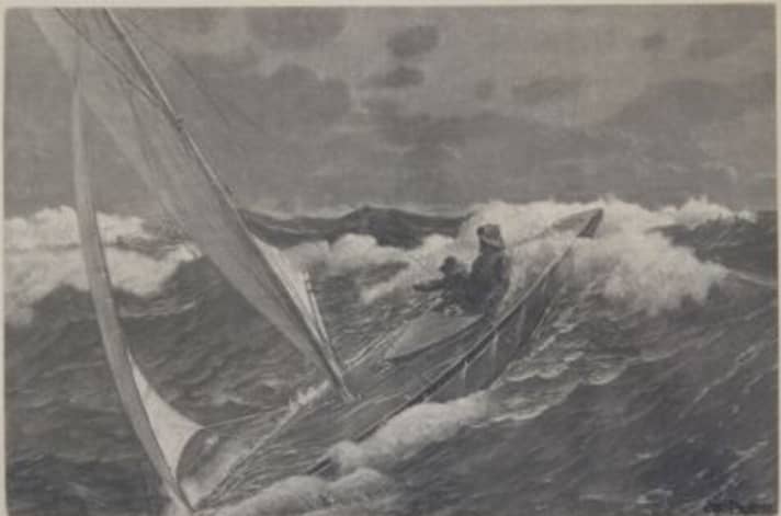   Stürmische Fahrt einer Sonderklasseyacht in der Zeit der Anfänge des Segelsports, gezeichnet von Otto Protzen