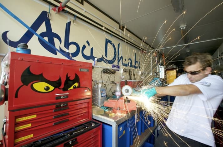   Flying sparks: Ben Davis, boat builder in the service of Abu Dhabi, cuts a titanium part to size