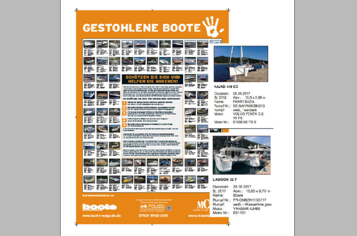   Affiche d'avis de recherche. La plupart des vols concernent des bateaux à moteur, mais on y trouve aussi des voiliers.