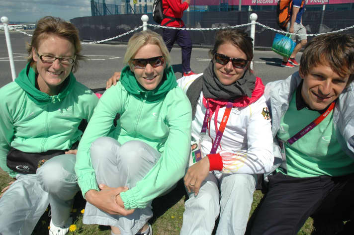   Nadine Stegenwalner, Friederike Belcher, Kathrin Kadelbach and RS:X surfer Toni Wilhelm in Weymouth