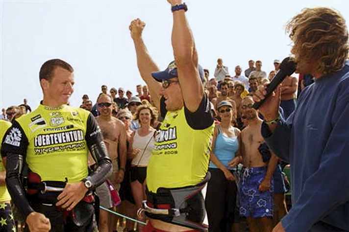 This is how it's done: World Cup won! Robby Swift throws his arms up in Fuerteventura in 2003. "Back then I thought: this is the first of many." Wrong - it was to remain Swifty's only World Cup victory.